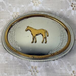 Vintage Horse Floral Oval Belt Buckle Nickel Silver Western Cowgirl Cowboy Rodeo